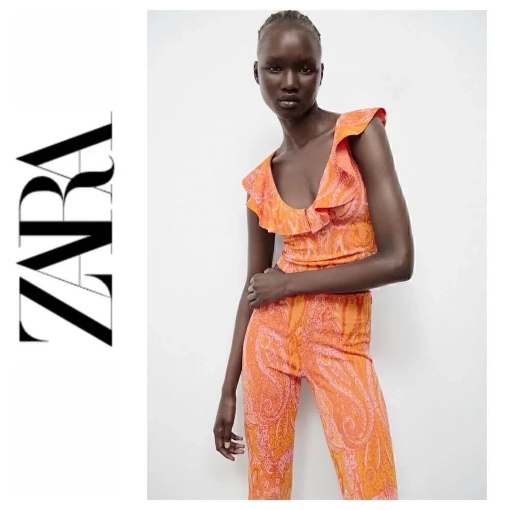 NWT Zara Orange & Pink Floral Jacquard Frills Ruffle Sleeveless V-Neck Top